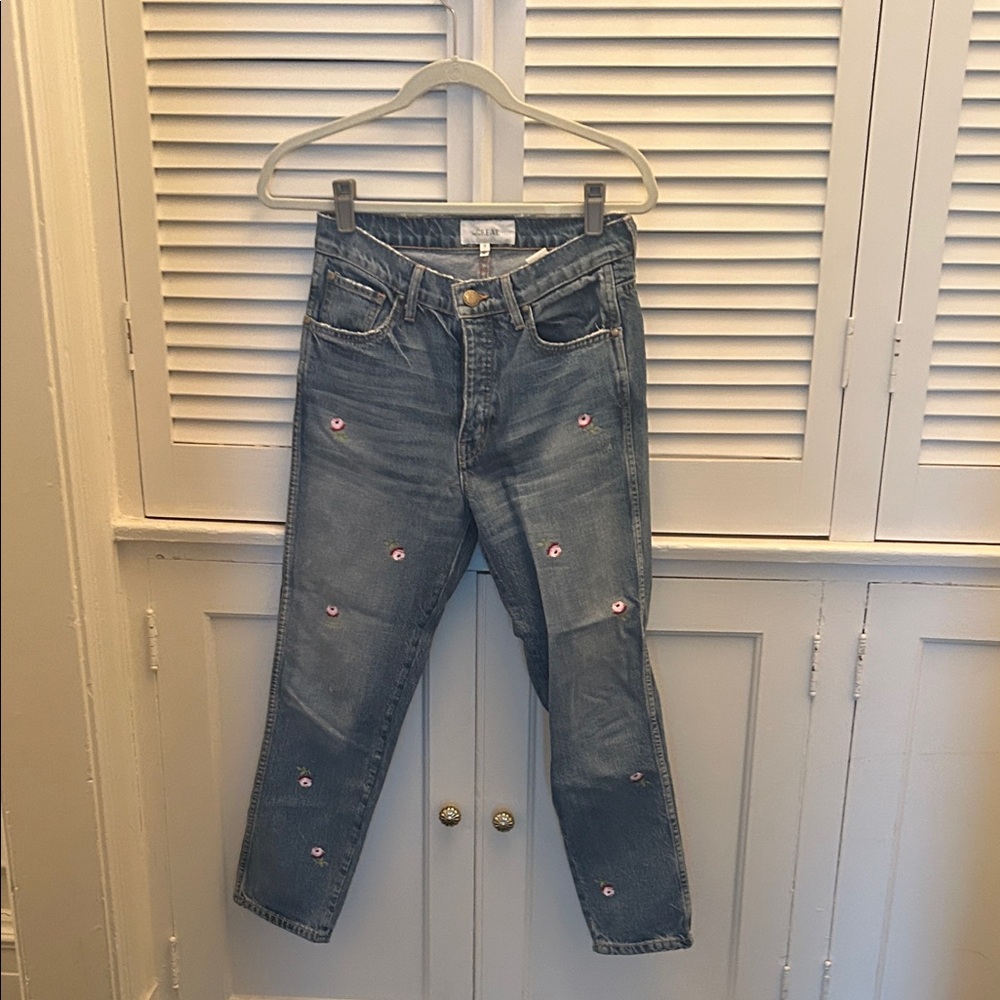 THE GREAT. Blue Cropped Jeans with Pink Floral Accents